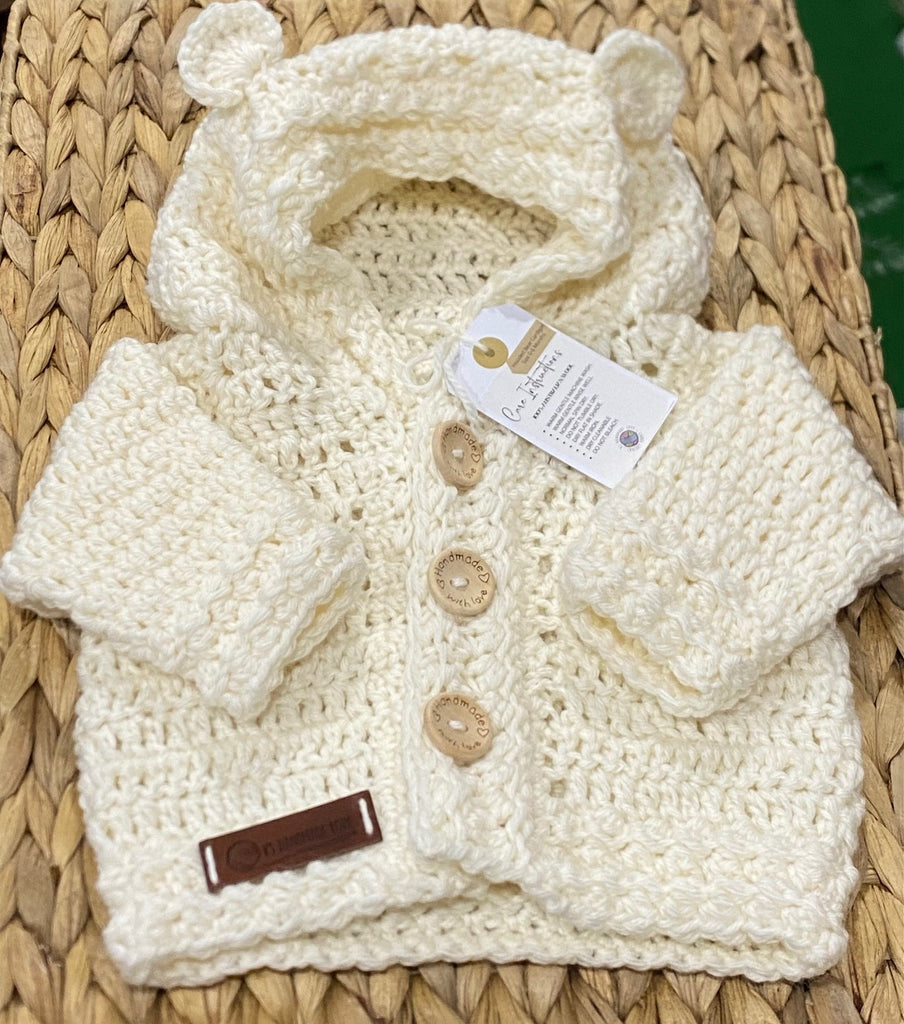 Bendigo Mills Luxe Wool Hand Crocheted Bear Hoodie Cardie - Cream Size: 0-6m