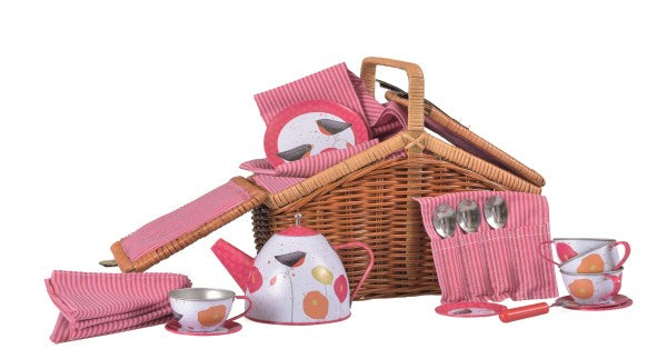 Tin tea set poppies in a wicker basket