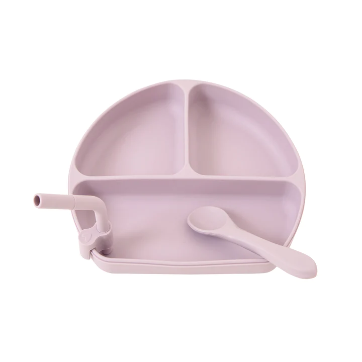 Silicone Plate with Straw & Spoon - Dusky Mauve