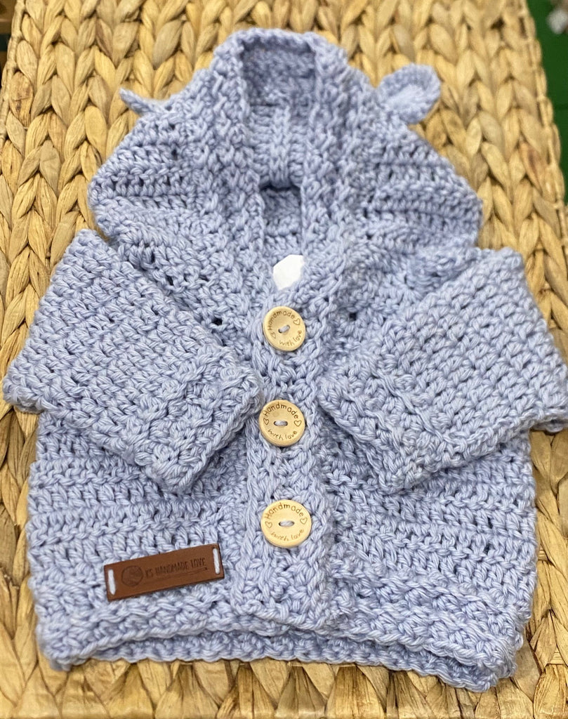 Bendigo Mills Luxe Wool Hand Crocheted Bear Hoodie Cardie - Moonflower Blue Size: 0-6m