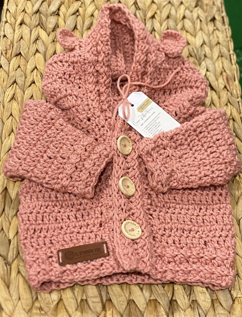 Bendigo Mills Luxe Wool Hand Crocheted Bear Hoodie Cardie - Rose Petals Size: 0-6m
