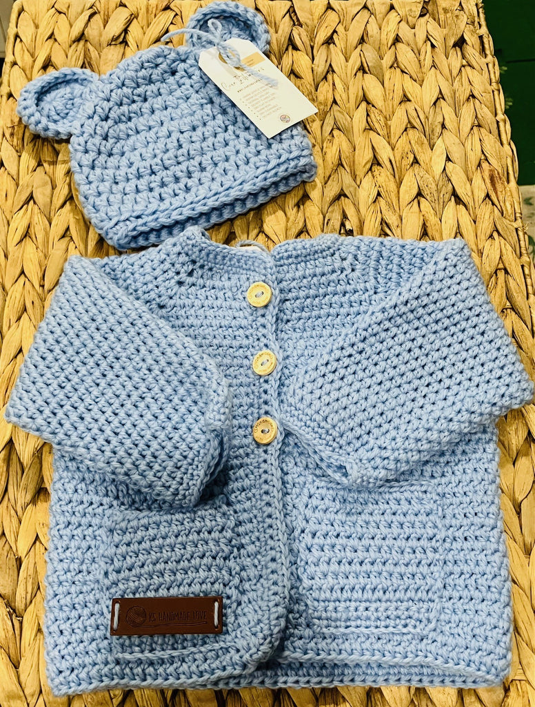 Bendigo Mills Luxe Wool Hand Crocheted Bear Beanie + Cardie Set - Baby Blue Size: 0-3m