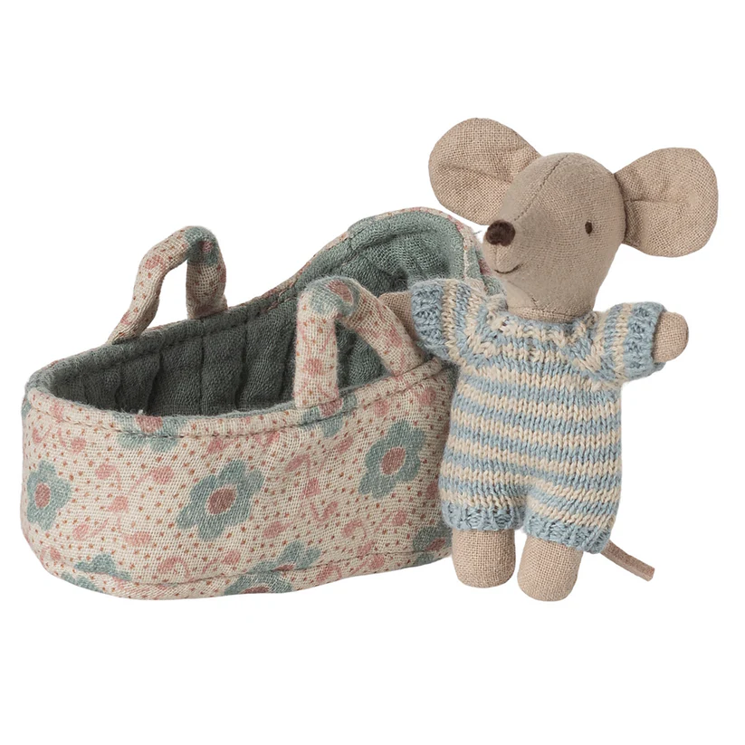 Maileg Baby Mouse in Carry Cot - Blue