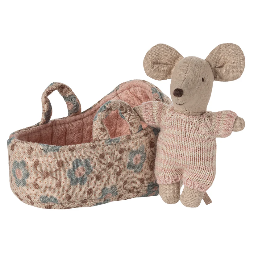 Maileg Baby Mouse in Carry Cot - Rose