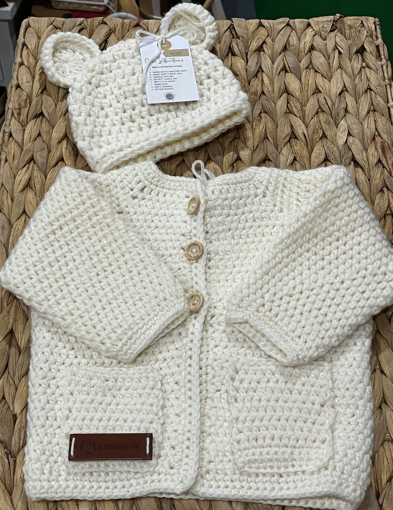Bendigo Mills Luxe Wool Hand Crocheted Bear Beanie + Cardie Set - Cream Size: 0-3m