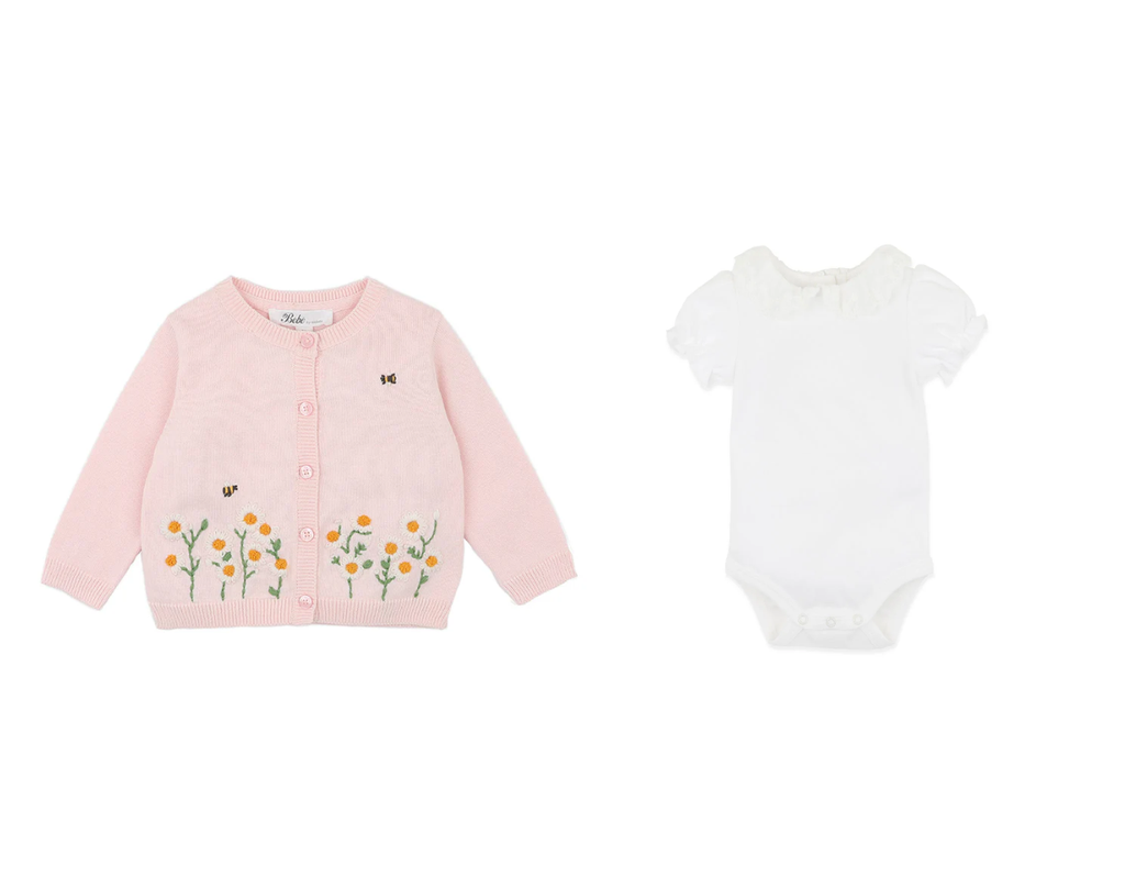 Tess Organic Hand Embroidered Cardigan + Lace Collar Organic Bodysuit Set