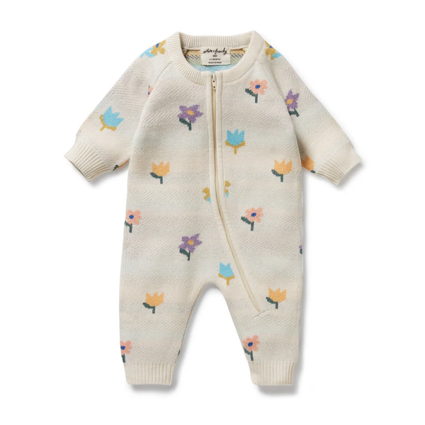 Flower Pop Organic Cotton Knitted Jacquard Growsuit Romper