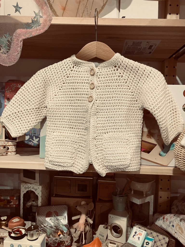 Bendigo Mills Luxe Cotton Hand Crocheted Cardie with Pockets - Parchment  Size: 0-3m