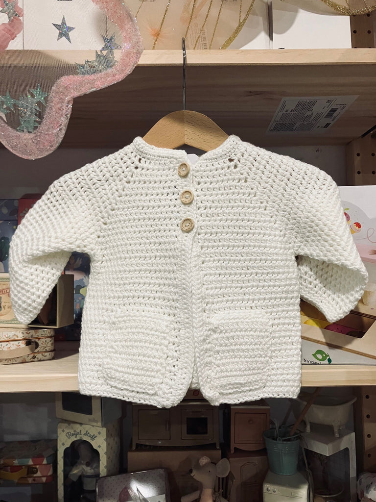 Bendigo Mills Luxe Cotton Hand Crocheted Cardie with Pockets - Snow  Size: 0-3m