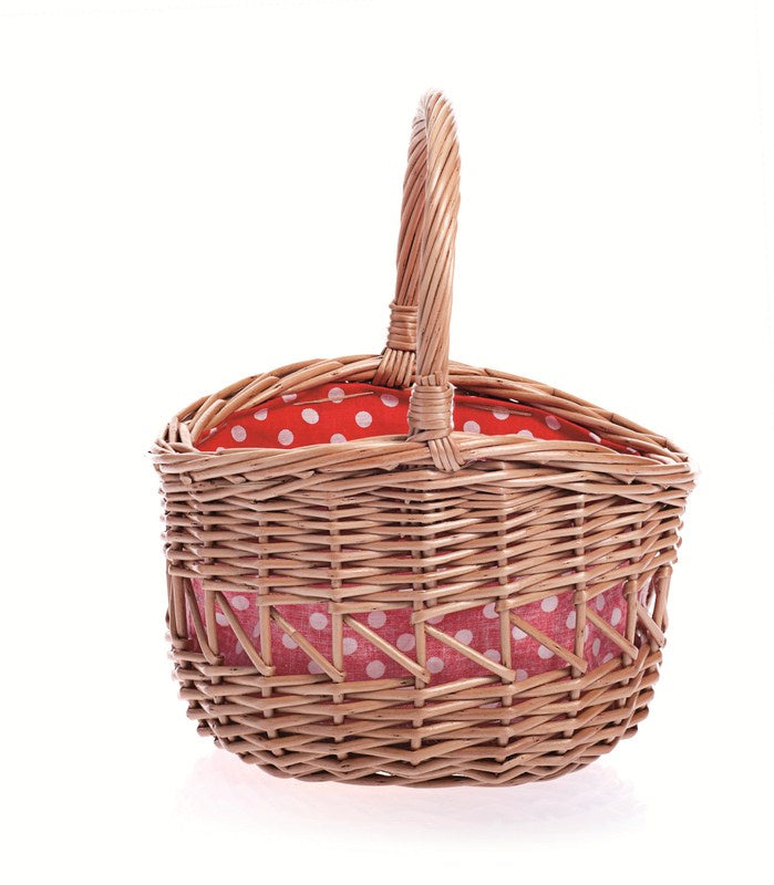 wicker small round basket with red & white spotty lining