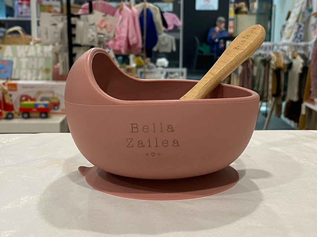 Silicone suction bowl & spoon - dusty rose
