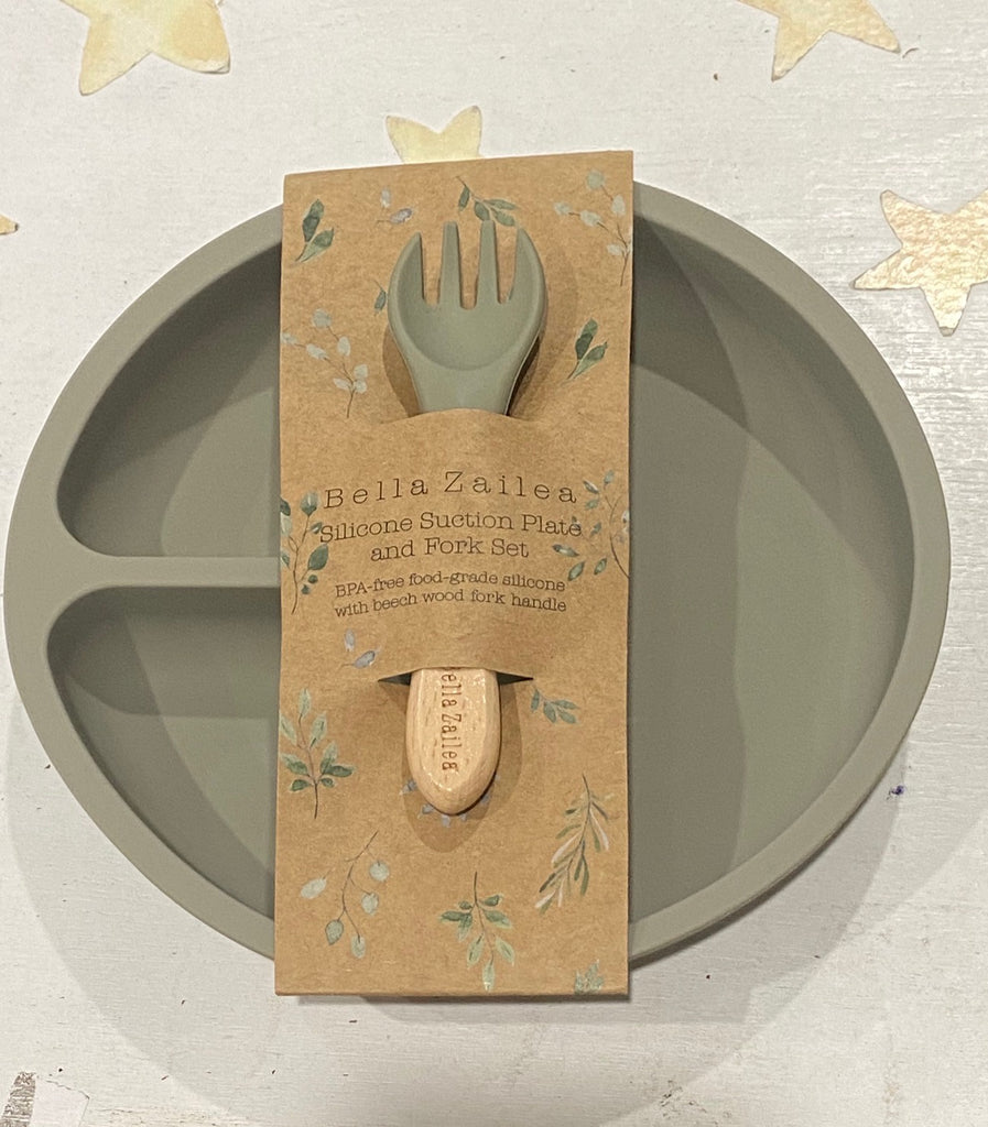 Silicone Suction Divided Plate & Fork - Dusty Sage