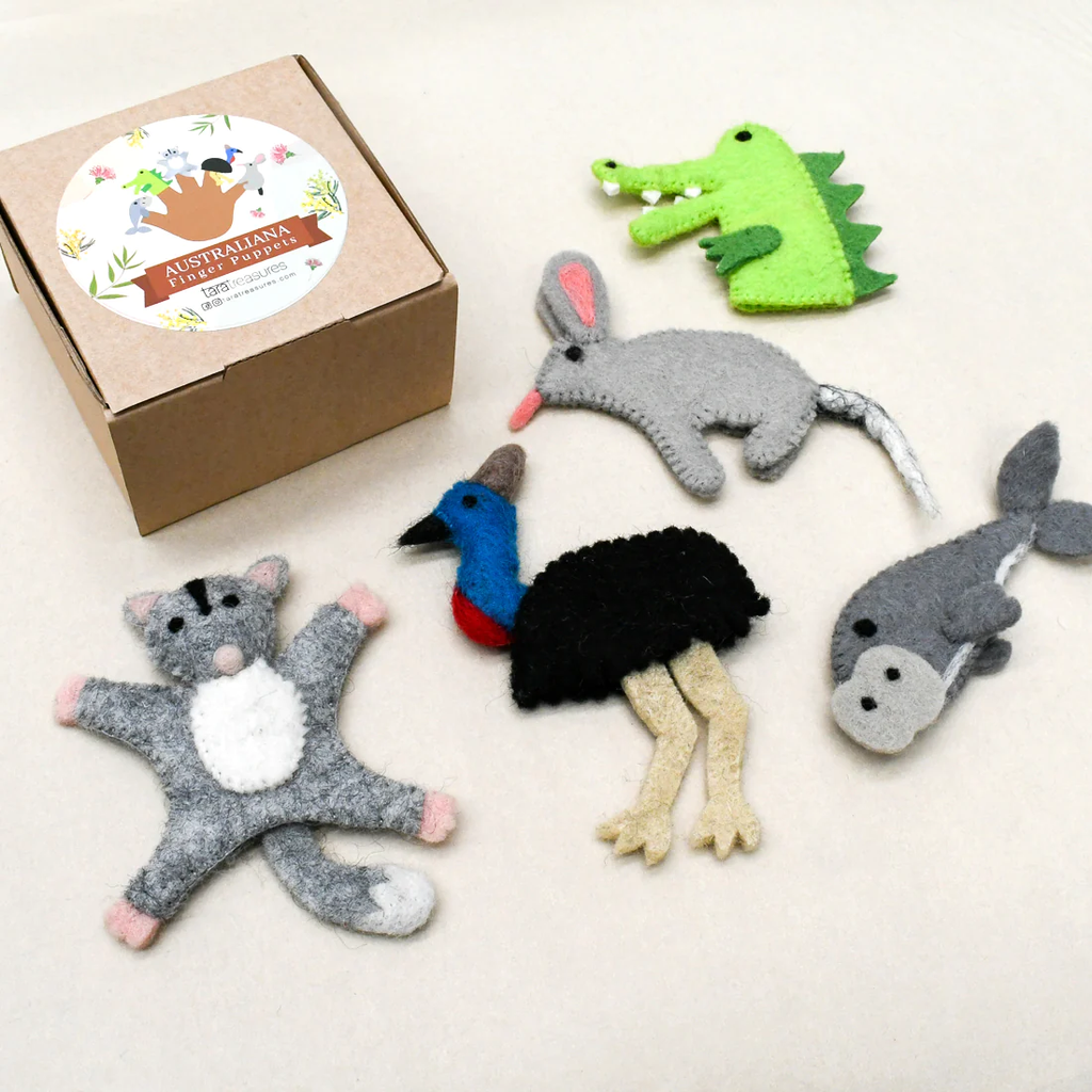 Australian Finger Puppet: Sugar glider, cassowary, dugong, bilby