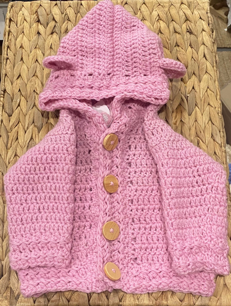 Handmade 100% Australian Wool Hooded Bear Cardigan - Baby Pink