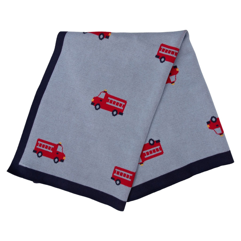 Fire Truck Knit Blanket - Light Blue