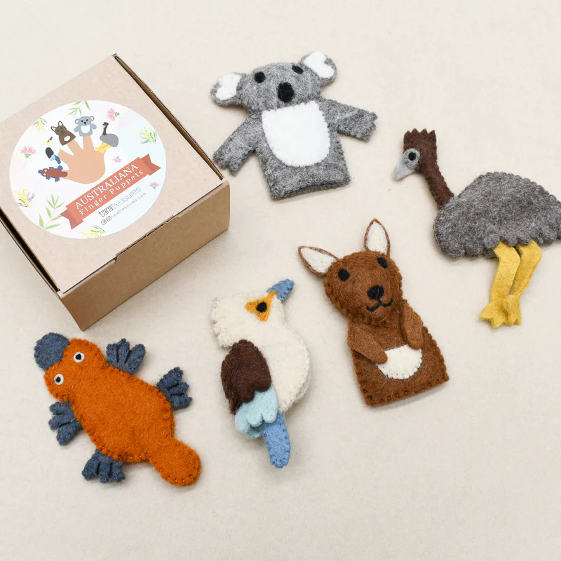 Australian Animals Finger Puppet A: Kangaroo, Koala, Emu, Kookaburra & Platypus