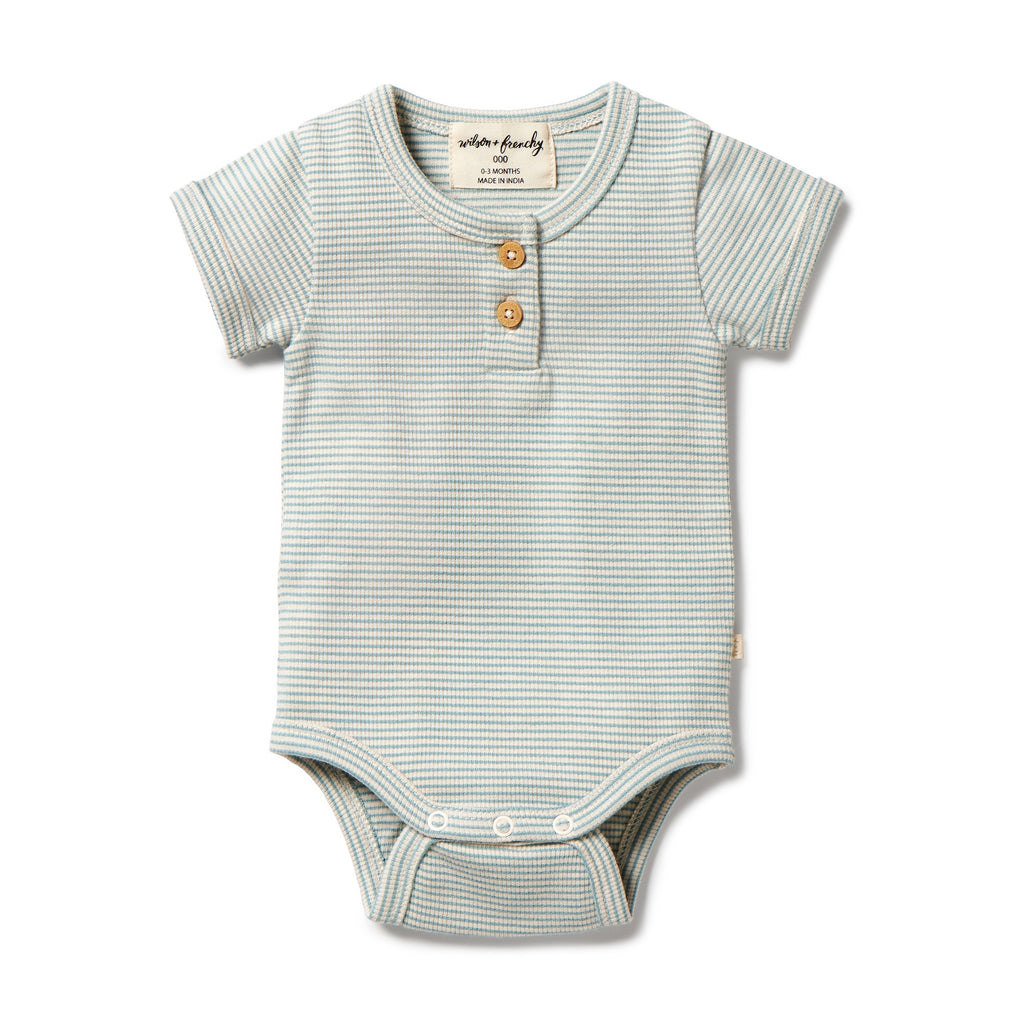 Organic Stripe Rib Henley Bodysuit - Mineral Blue