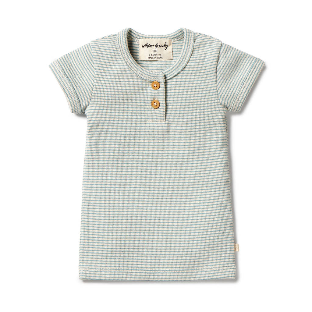 Organic Stripe Henley Tee - Mineral Blue