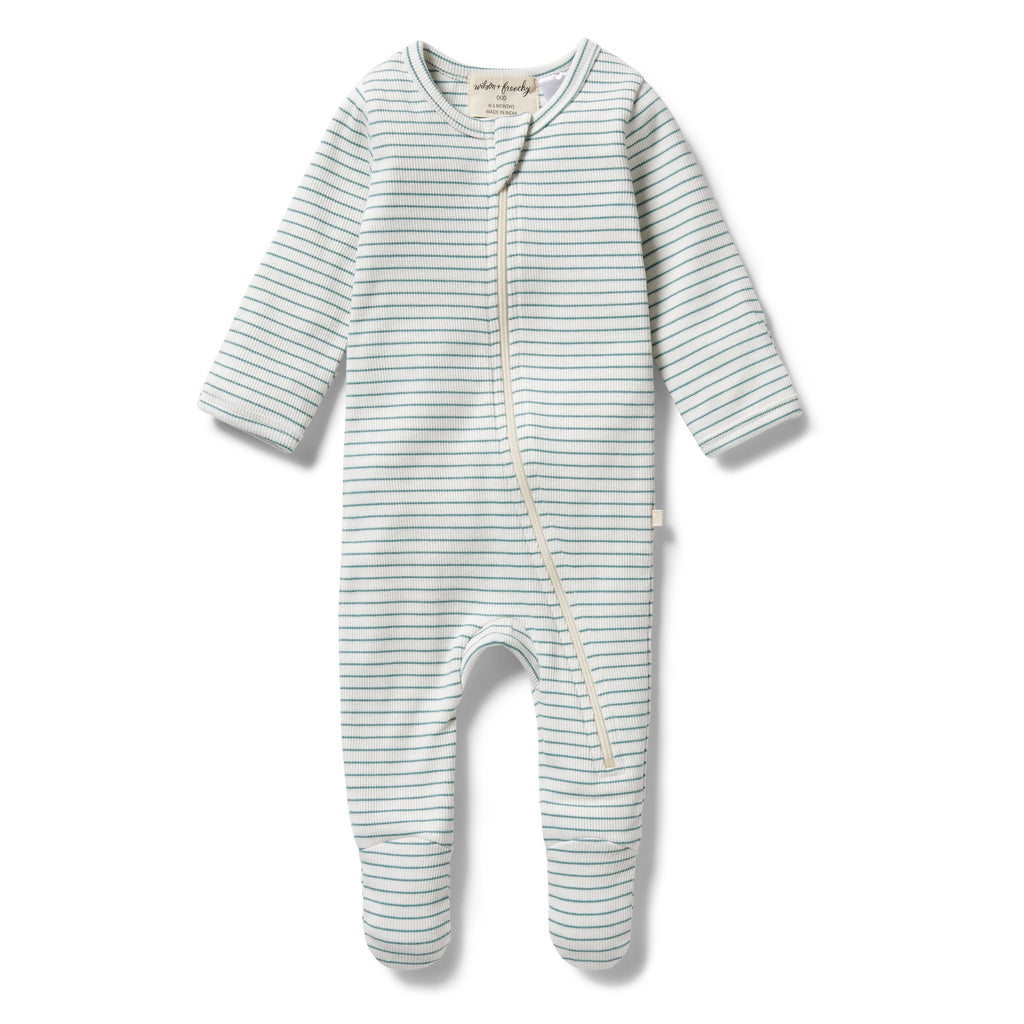 Organic Stripe Rib Zipsuit - Arctic