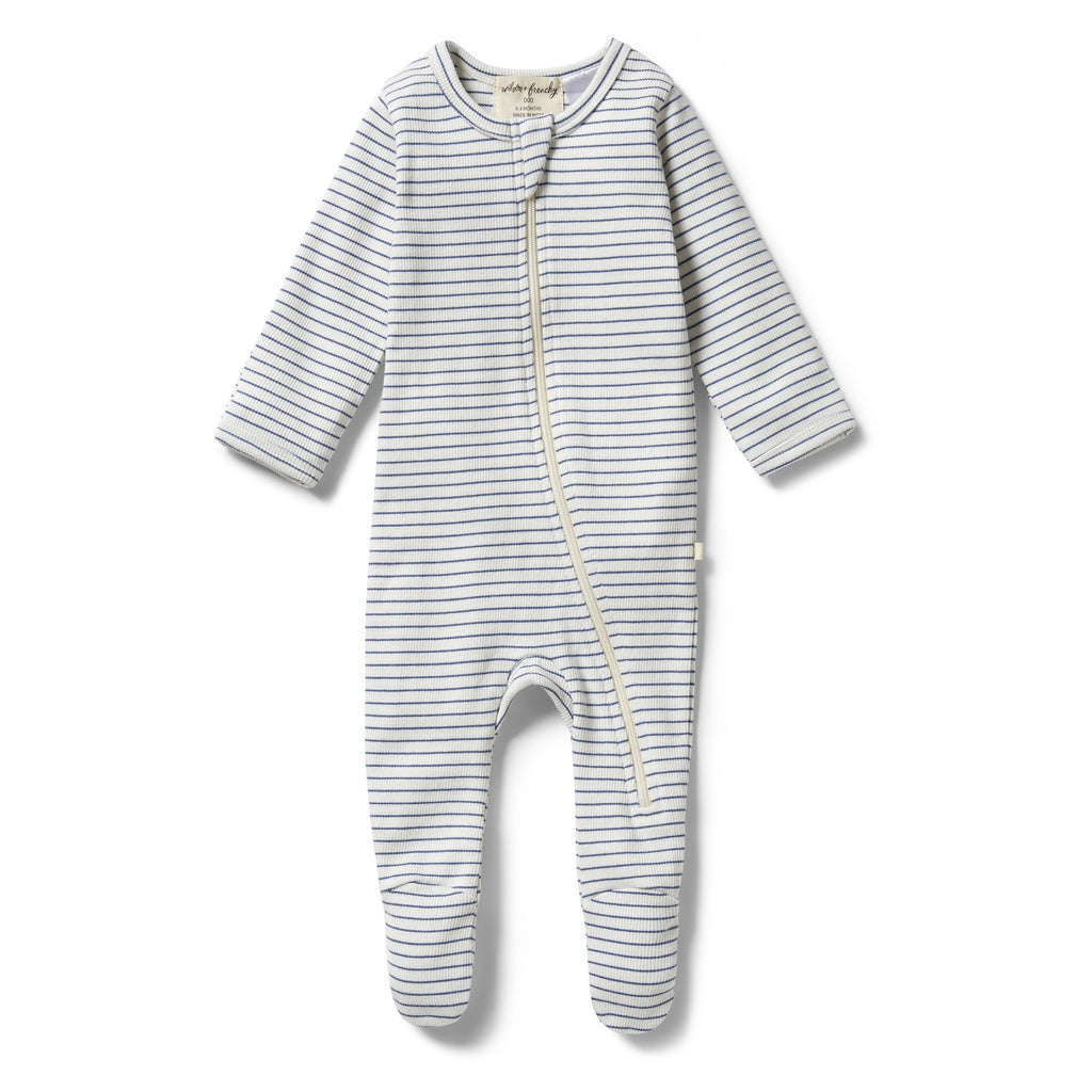 Organic Stripe Rib Zipsuit - Blue Depths