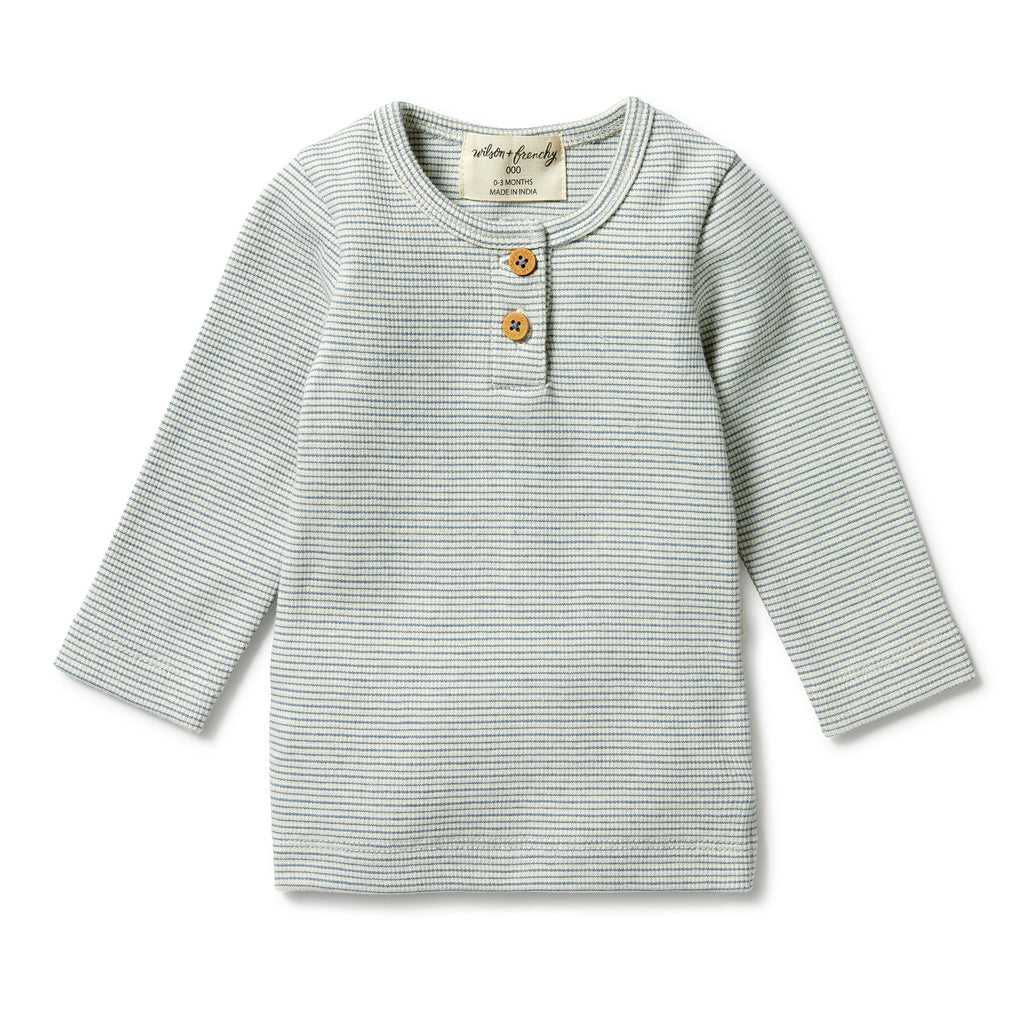 Organic Stripe Rib Henley Top - Bluestone