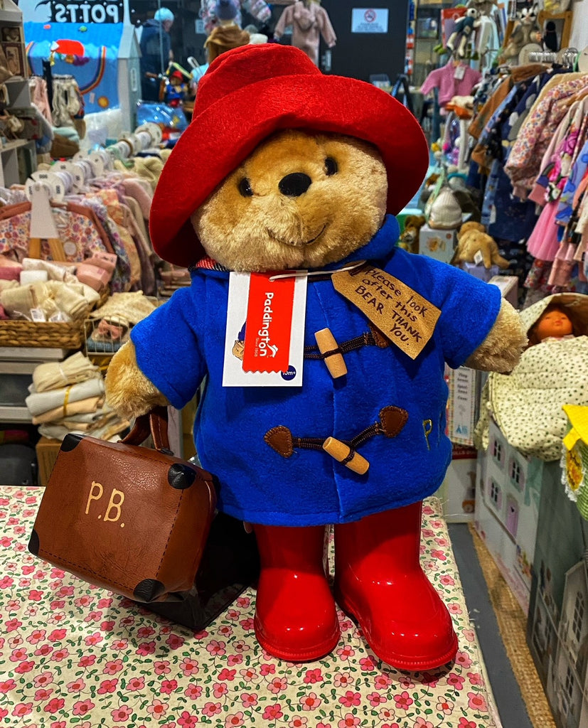 Paddington bear with embroidered coat, red boots and bag