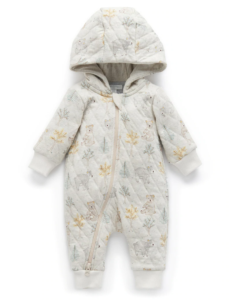 Quilted Growsuit - Roaming Bear Print - Grey Melange