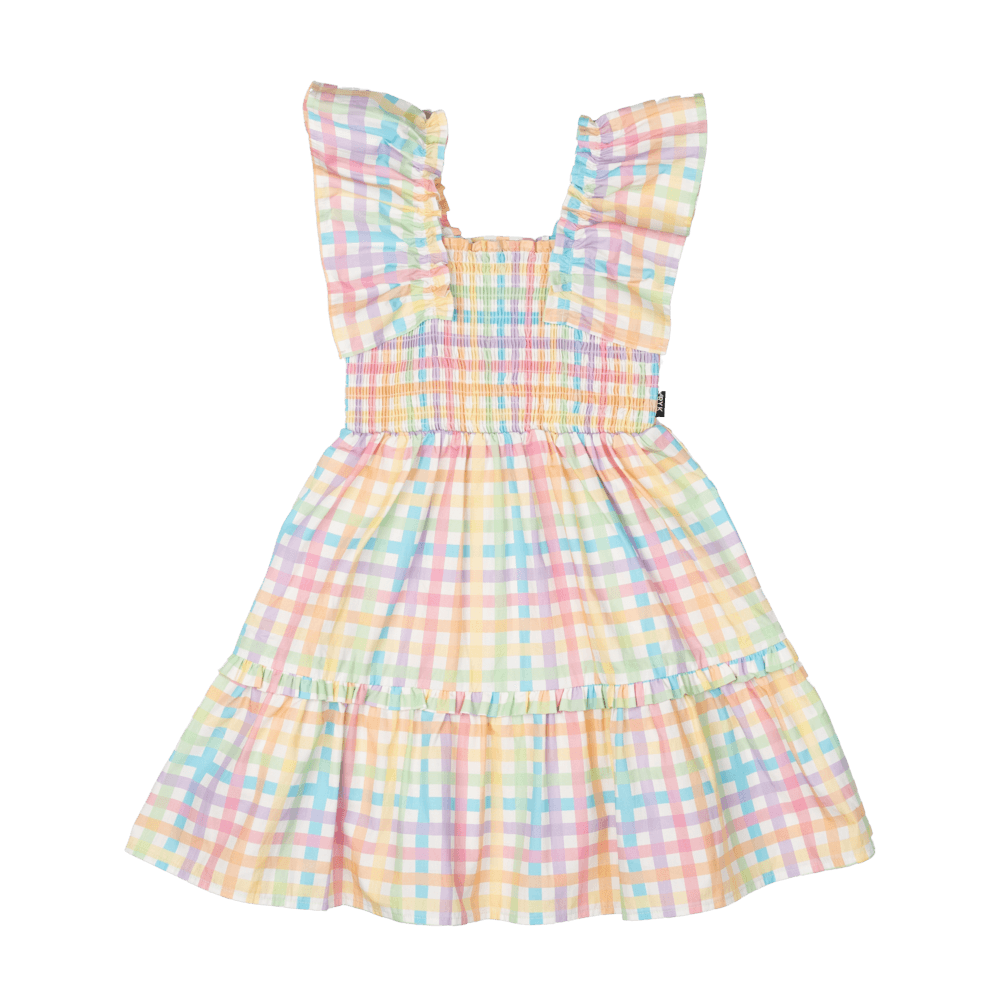 KIDS BUTTON THROUGH FRILL DRESS OVER THE RAINBOW