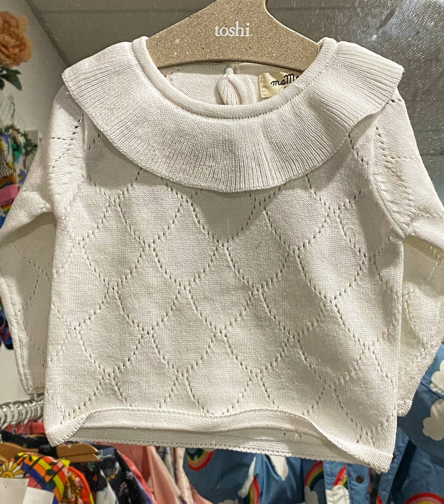 Frill neck broderie knit - White