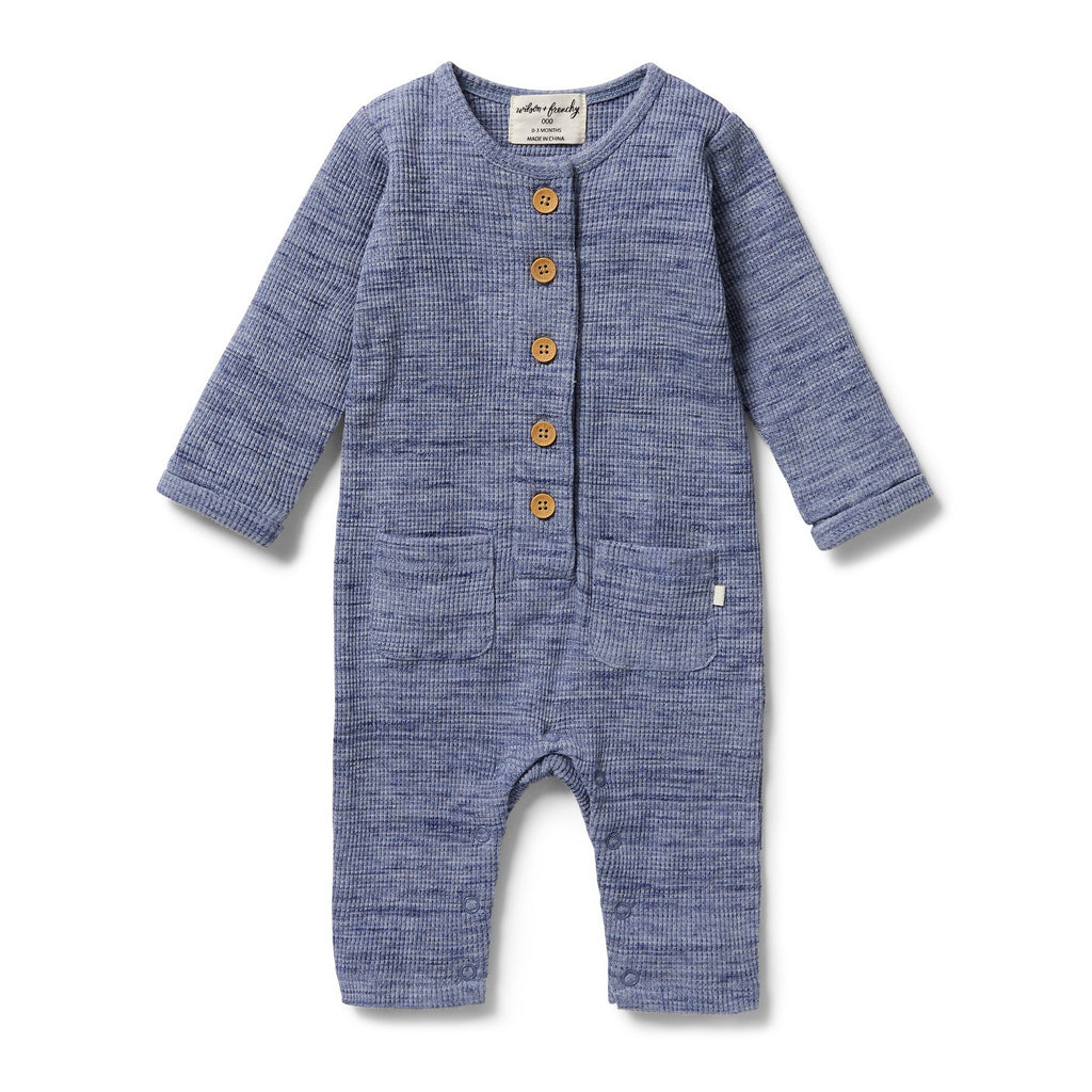 Organic Waffle Slouch Growsuit - Blue Fleck