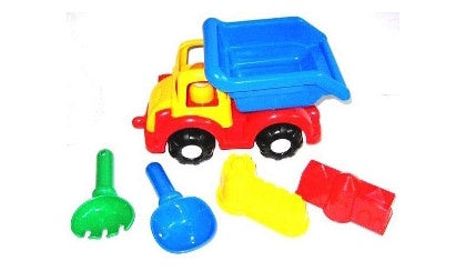 Beach truck set with spade, rake and moulds