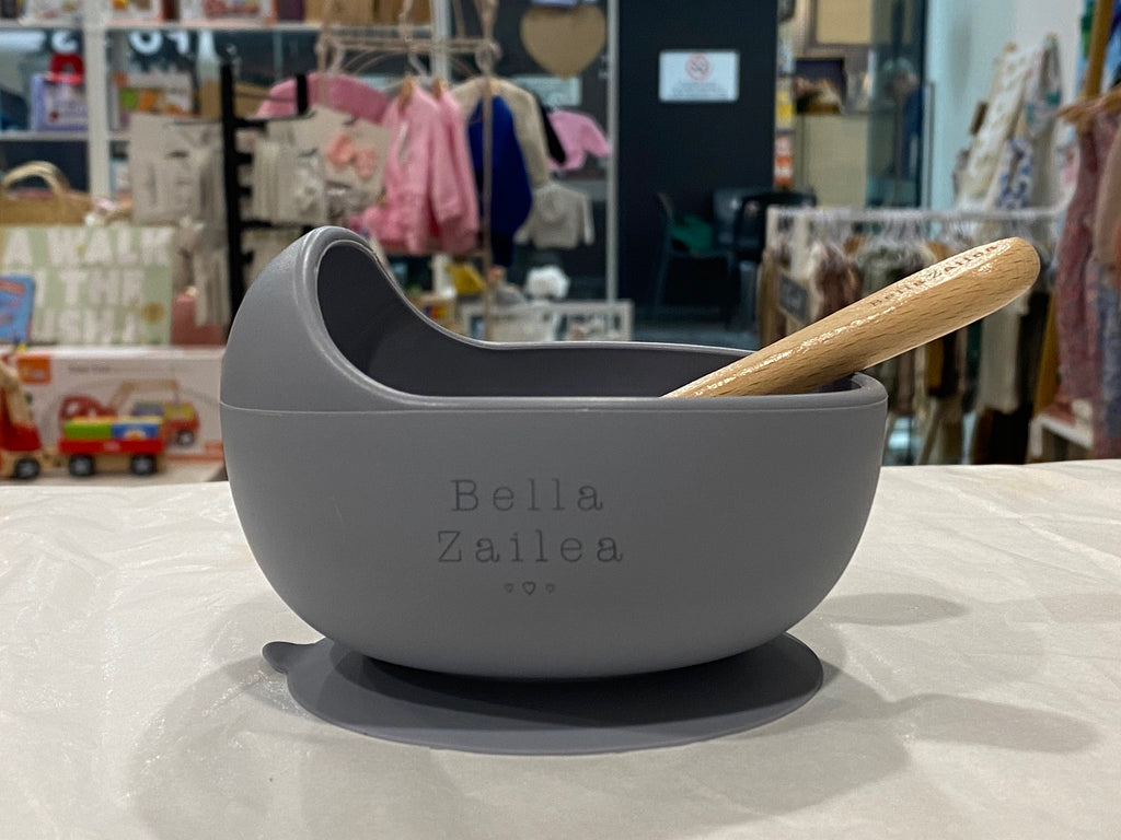 Silicone suction bowl & spoon - slate grey