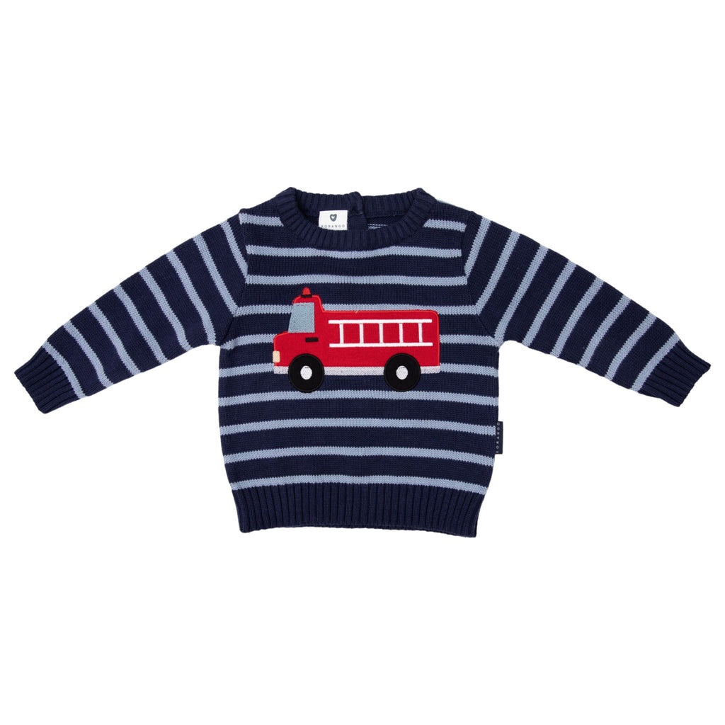 Fire Truck Knit Sweater - Navy Stripe