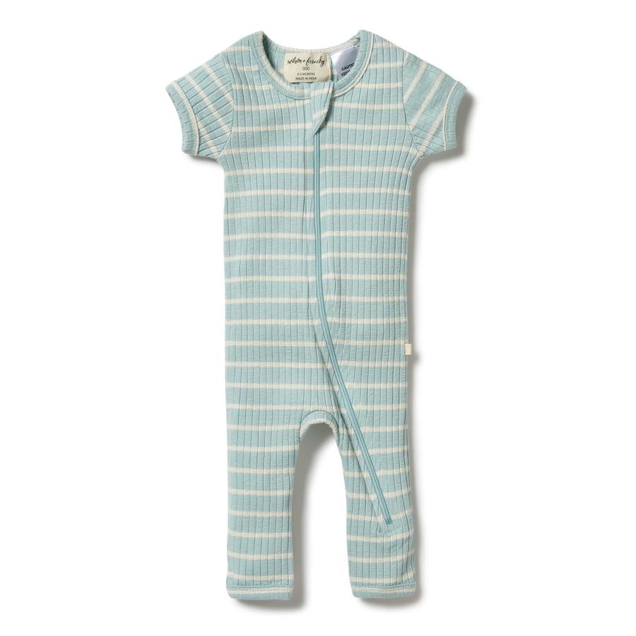 Pistachio stripe organic cotton zipsuit.