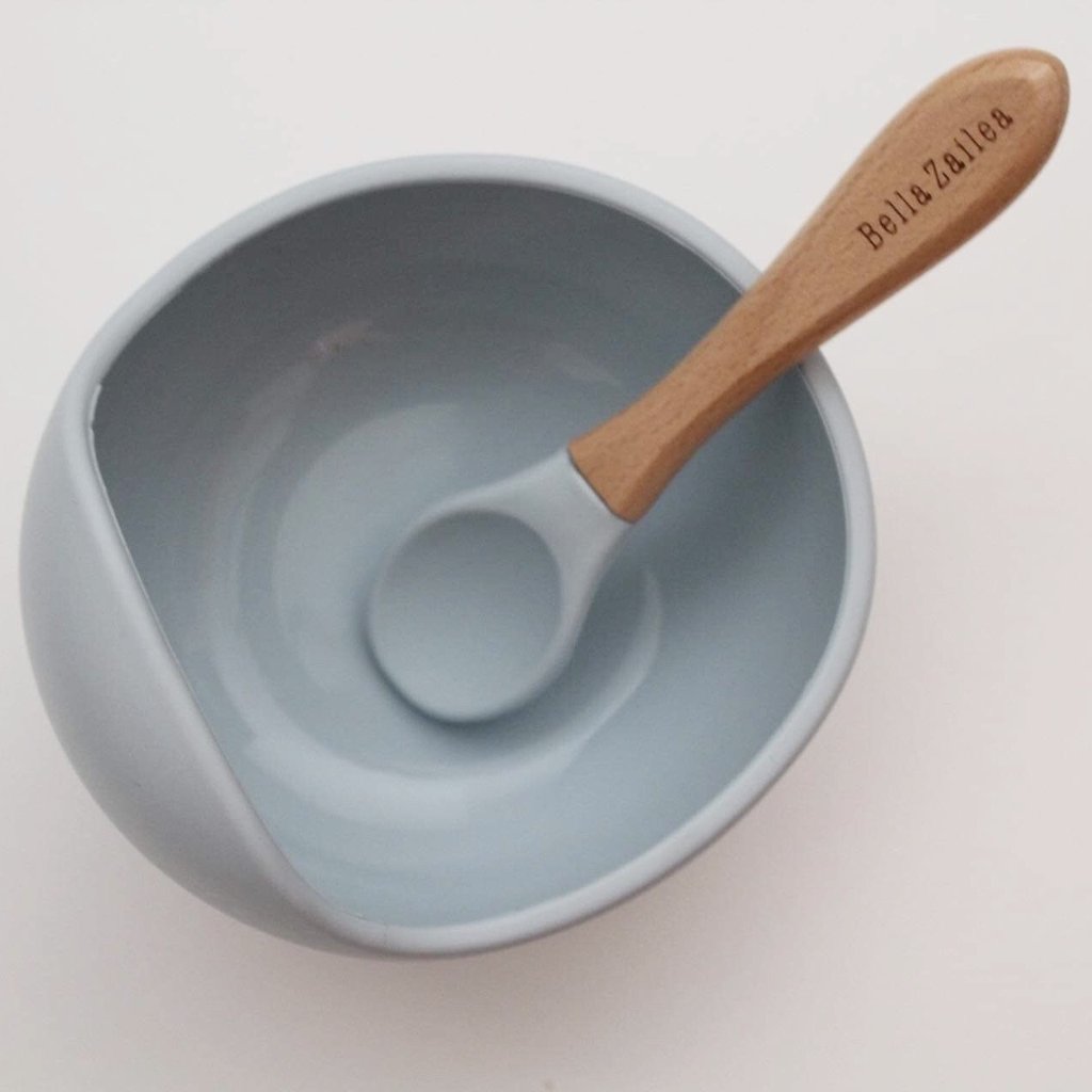 Silicone suction bowl & spoon - light grey
