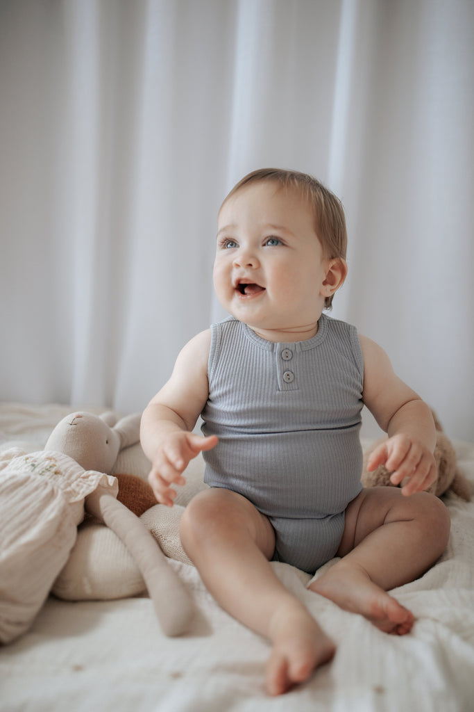 Organic Cotton Ribbed Sleeveless Bodysuit - Faded Denim